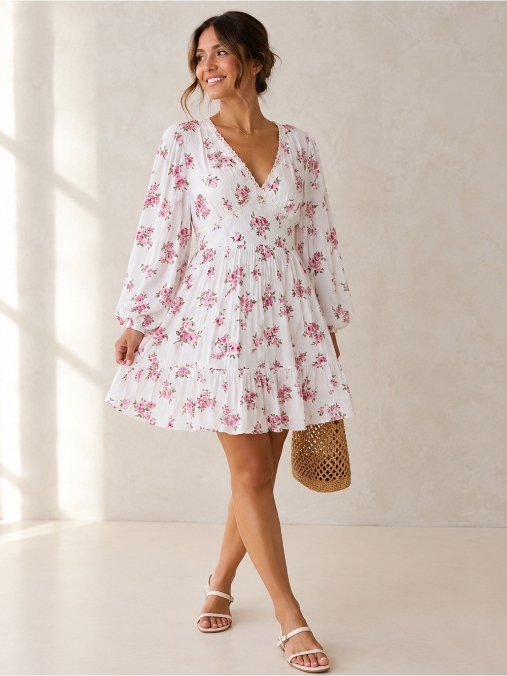 Arula Floral Babydoll Mini Dress Pink Rose Cottagecore Romantic 0X 12 14